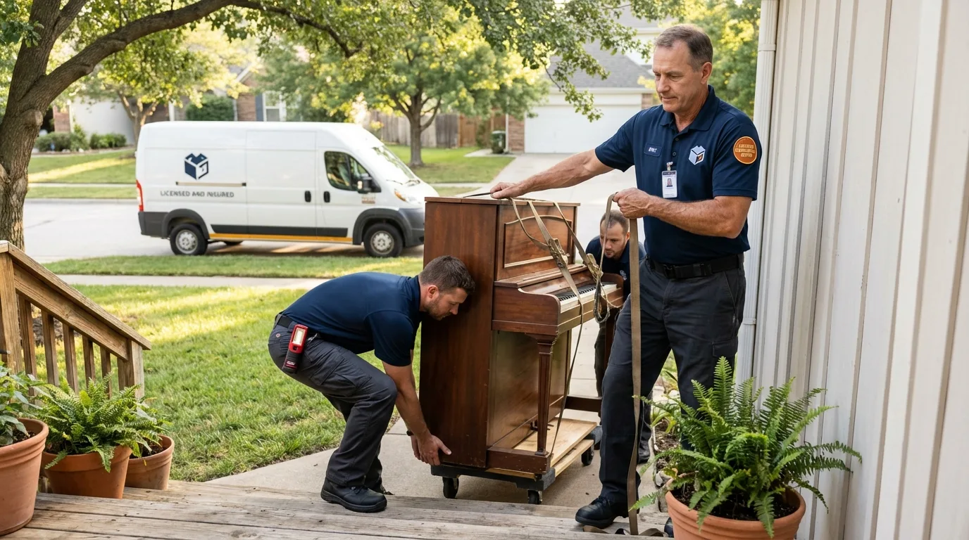 Licensed piano movers securing grand piano in Ellisville, MS