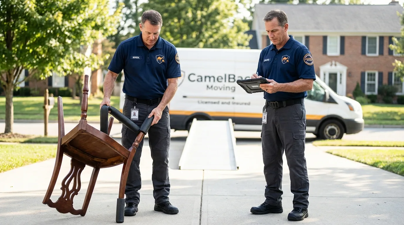 Movers inspecting furniture for damage prevention before loading in Ellisville, MS