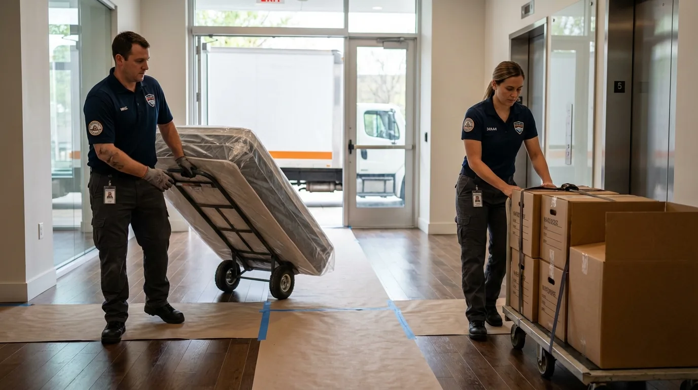 Professional apartment movers loading elevator in Ellisville, MS