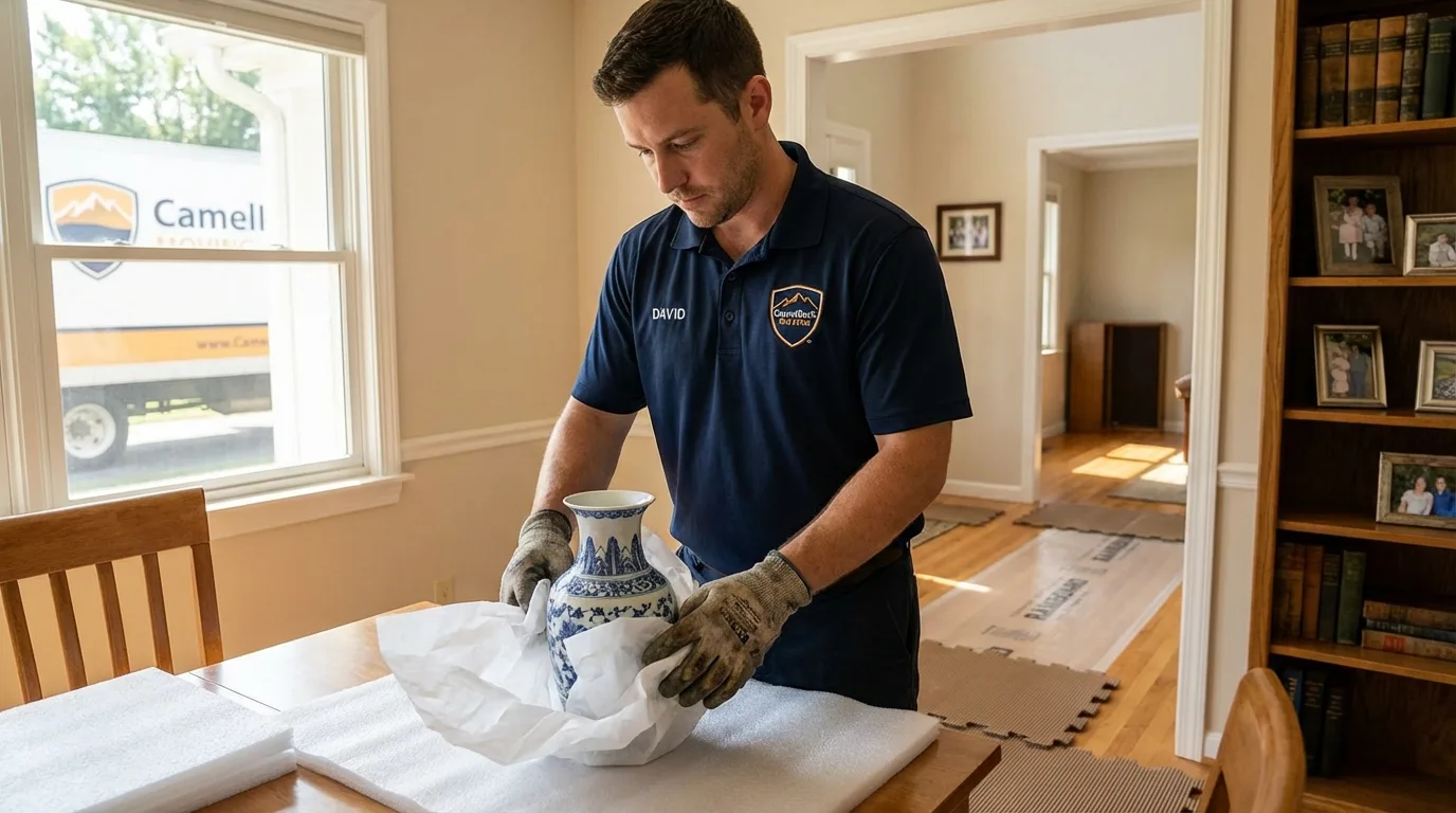 Professional crew carefully wrapping antique vase for senior downsizing move in Ellisville, MS